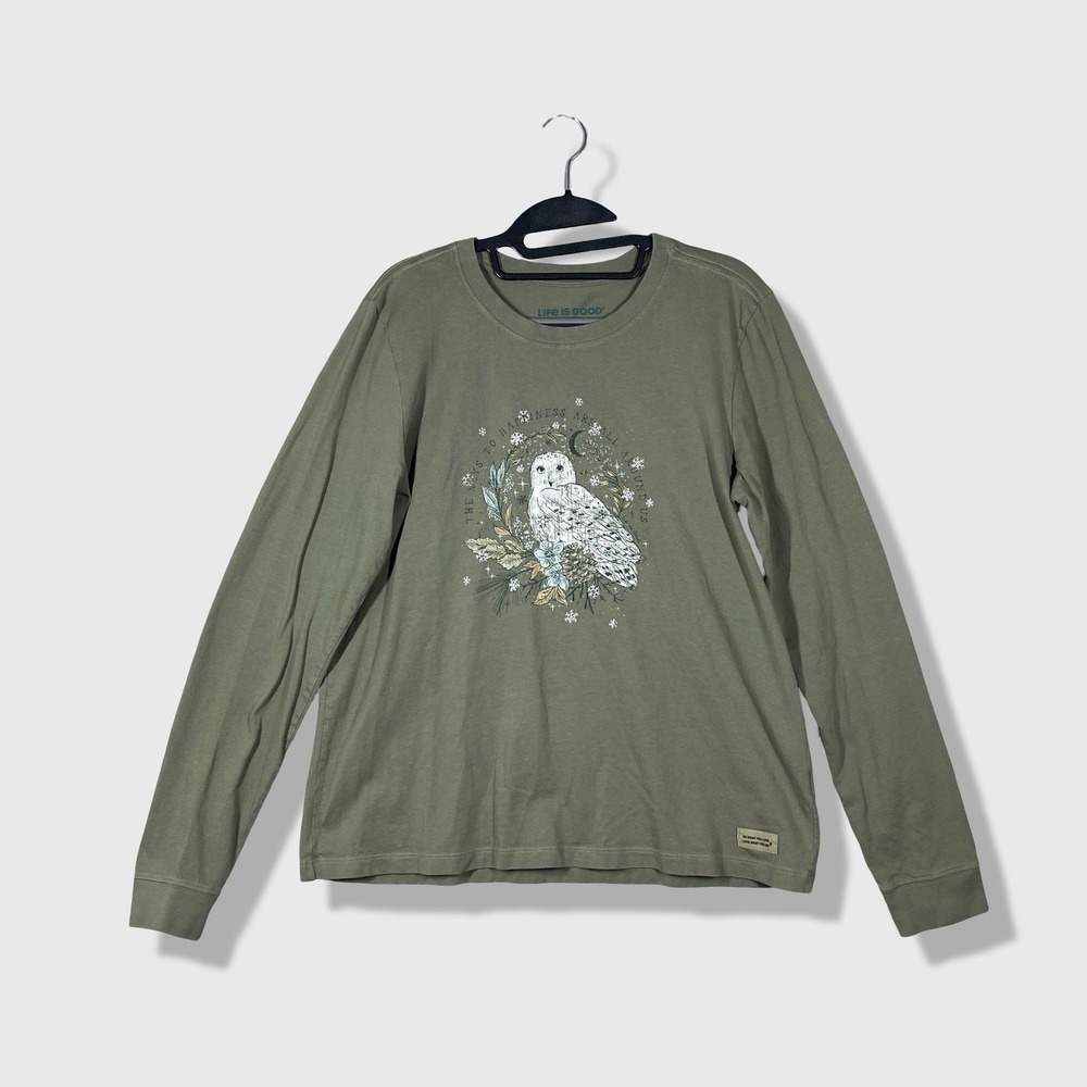 Life Is Good Crusher Tee Womens Large Green Owl Graphic Nature Gorpcore Boho